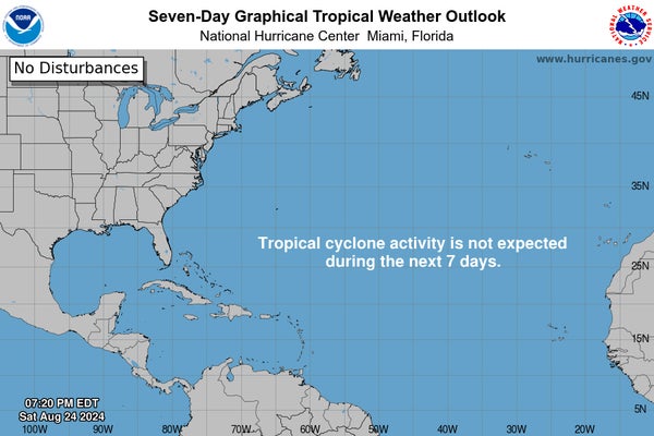 Seven-Day Graphical Tropical Weather Outlook from August 24, 2024 shows a map of the Northern Atlantic Ocean with text overlaid that reads, "Tropical cyclone activity is not expected during the next 7 days."